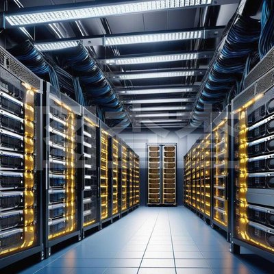 High-tech Litecoin mining farm with rows of mining rigs connected and operating under controlled cooling